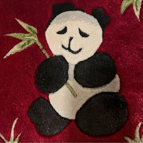 Panda Bear Silk Pictorial Fringe Rug with Bamboo Leaves Dark Red 12" X 13" - Picture 4 of 5
